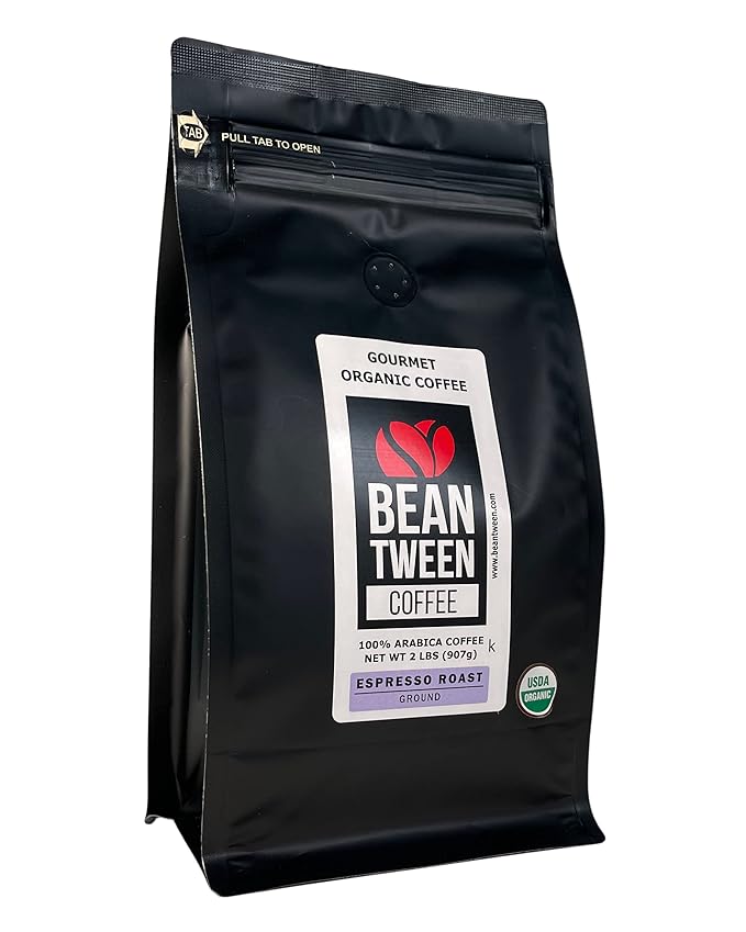 Beantween Coffee: Premium Organic ESPRESSO ROAST Ground (2 lb) of 100% Arabica Coffee – Low Acid MOLD-FREE Certified Organic Kosher Single Origin Woman-owned