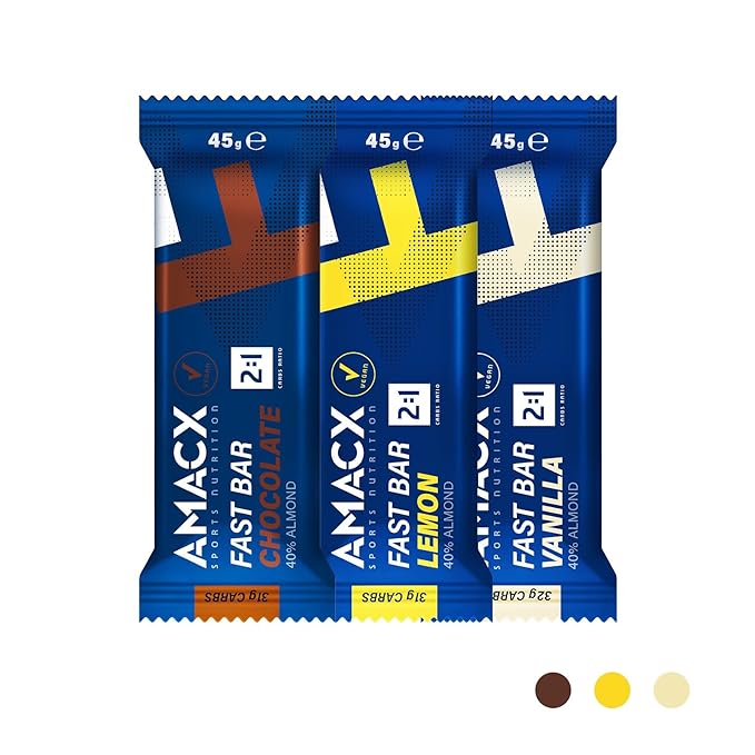 AMACX Fast Bar Energy Bar for Endurance Athletes – 12 x 45g – Vegan Protein Bars 40% Almond content – Healthy Sports Snack Bars – 2:1 Carbohydrates (31g) ratio &amp Natural Electrolytes – Vanilla