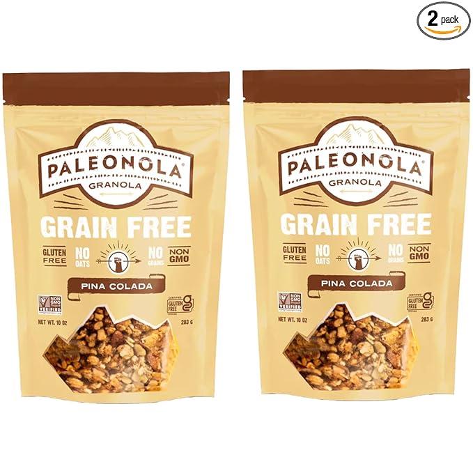 Paleonola Pina Colada Grain Free Granola 10 Oz Resealable Bag (Pack of 2) - Grainless Paleo Granola Blended with Dried Coconut Nuts Seeds &amp Pineapples - Low Carb Gluten &amp Dairy Free Non-GM