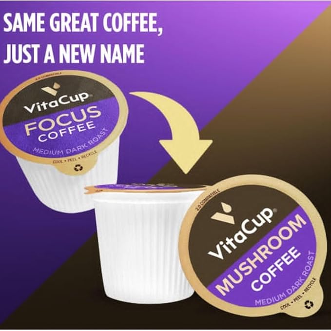 VitaCup Mushroom Coffee Pods Boost Focus &amp Immunity w/Lions Mane Chaga B Vitamins D3 for Memory &amp Clarity Medium Roast Single Serve Pod Compatible w/Keurig K-Cup Brewers64 Ct