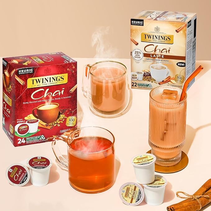 Twinings Chai Latte Black Tea Single Serve K-Cup Pods for Keurig 22 Count (Pack of 2) Creamy Slightly Sweet Less Sugar Caffeinated Enjoy Hot or Iced