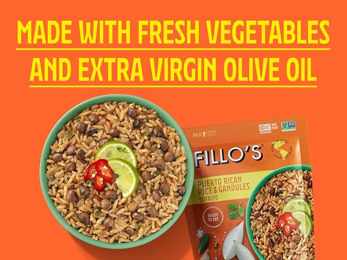 Fillo's Puerto Rican Rice And Gandules - Ready To Eat Rice With Beans Gluten-Free Preservative-Free Microwavable Meals Non-GMO Vegan Plant Protein 8 oz Pk of 6