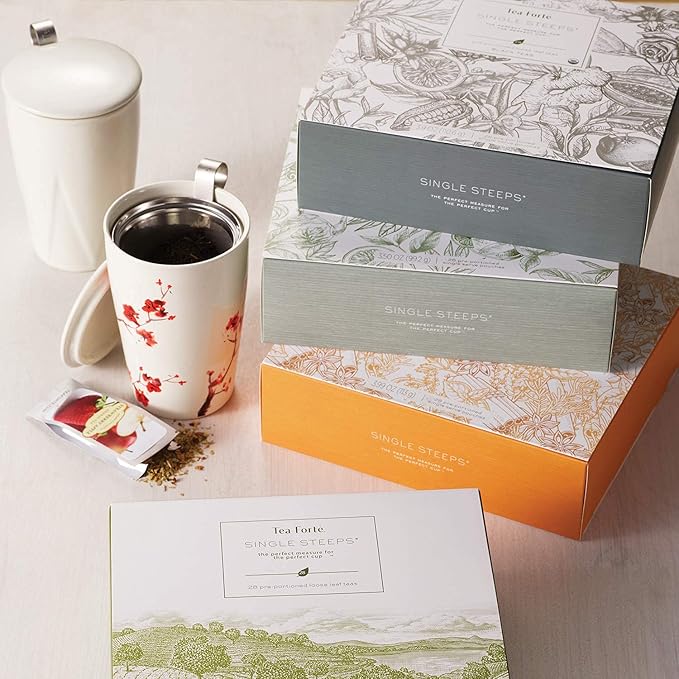 Tea Forte Single Steeps Loose Leaf Tea Sampler Tea Chest Assorted Variety Tea Box 28 Single Serve Pouches Herbal Tea