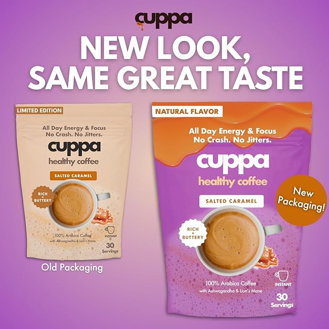 Cuppa Salted Caramel Mushroom Coffee with Adaptogens &amp Superfoods - Lion’s Mane Ashwagandha &amp Cordyceps. Adaptogens + MCT to support natural energy mental focus &amp gut health (30 Servings