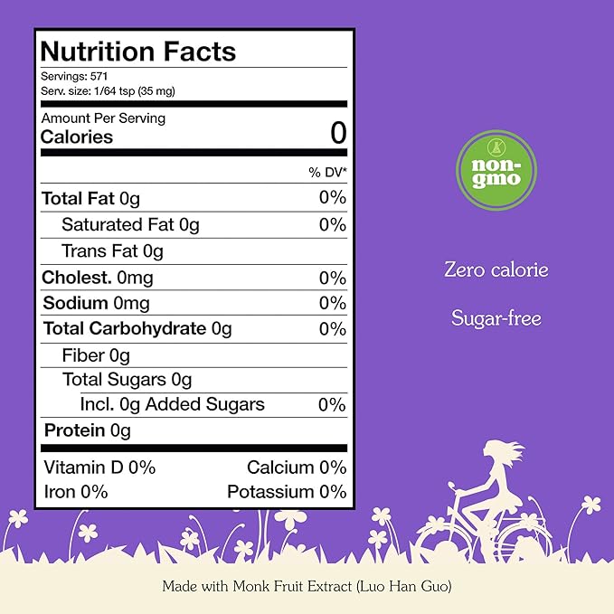 NuNaturals All-Natural Pure Monk Fruit Powder Plant-Based Sweetener Zero-Calorie Low Glycemic .71 oz