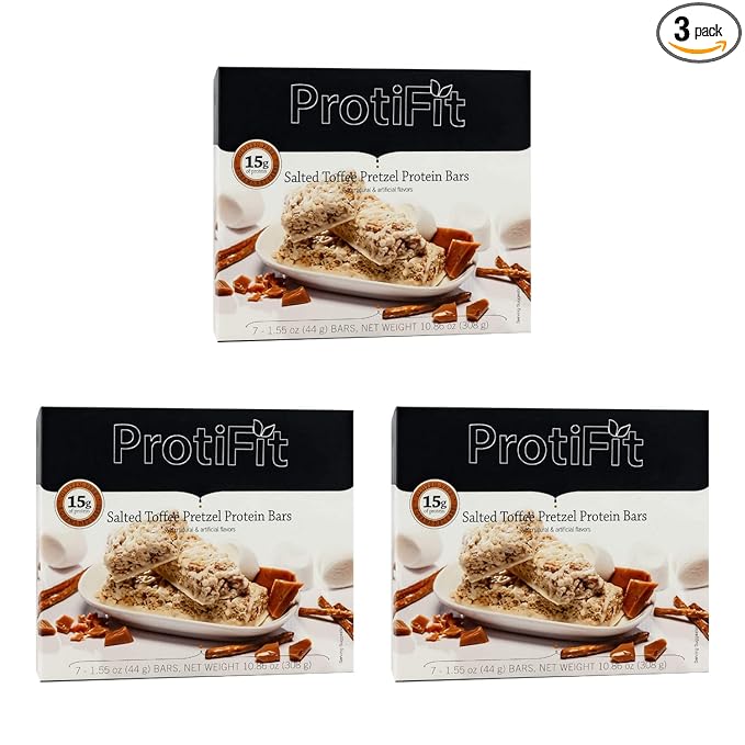 PROTIFIT - Low Calorie Salted Toffee Pretzel Protein Bar 3 Pack High Protein 15g Protein Low Carb Low Sugar Ideal Protein Compatible 7 Servings Per Box (3 Pack)