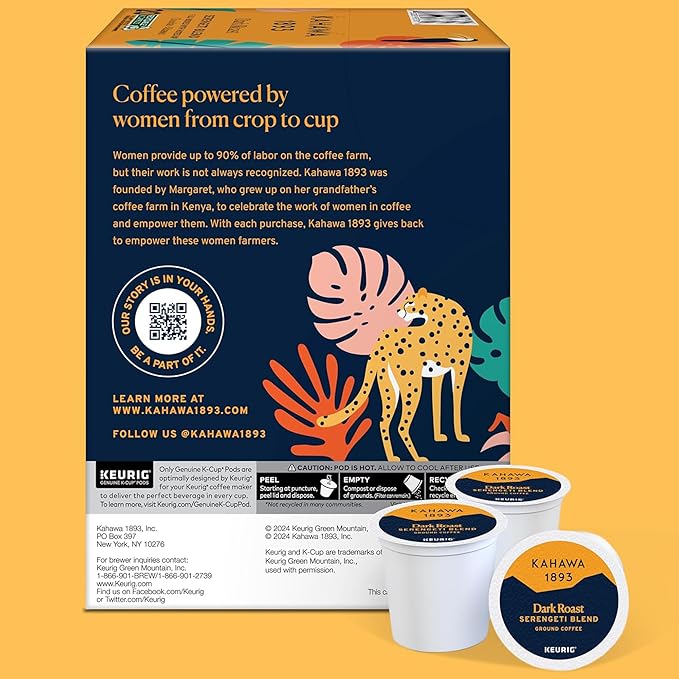 Kahawa 1893 Dark Roast Coffee K-Cup Pods Serengeti Blend (20 Count) - As Seen on Shark Tank Low Acid High Antioxidants Naturally Sweet Organically Grown Ethically &amp Sustainably Sourced