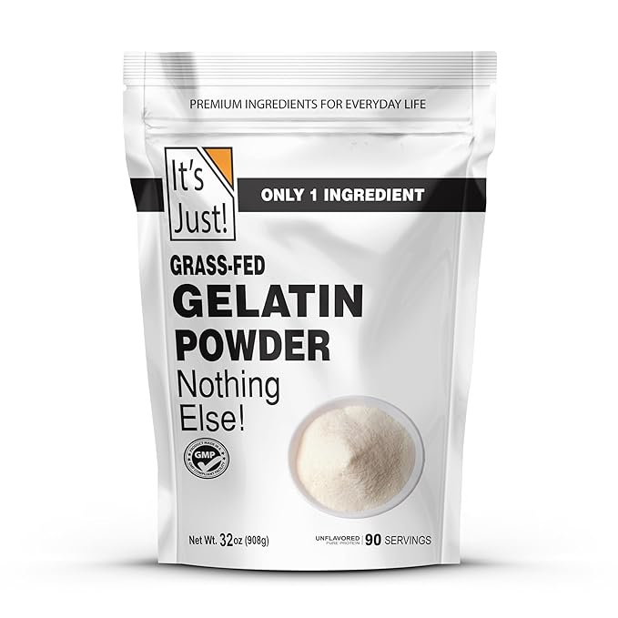 It's Just - 100% Gelatin Powder (2lb) Unflavored Heavy Metal Tested Grass-Fed Bovine (Beef) Source Non-GMO Keto Friendy Perfect for Marshmallows Gummies Desserts 32oz