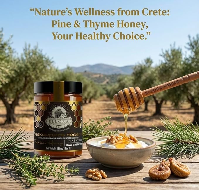 Ellora Farms Organic Greek Honey Bundle – Wild Thyme &amp Pine-Thyme Raw Unfiltered Award-Winning Preservative-Free Gift Pack with Dipper Pure Cold-Pressed – 2 x 450g