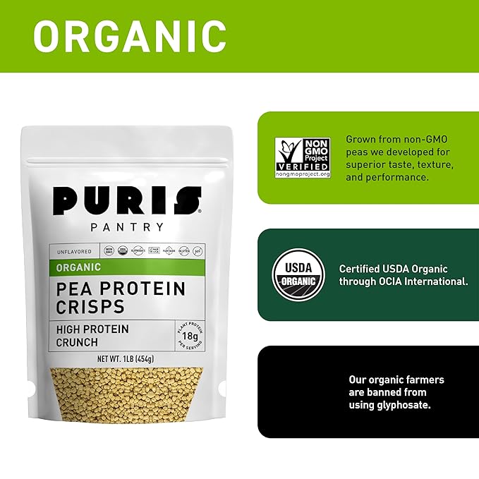PURIS Organic Pea Protein Crisps Certified Organic Pea Protein Isolate Keto Protein Crunch Made 100% in The USA Non-GMO Gluten Free No Sugar No Soy 18g Protein 7g Carbs Unflavored (1 lb (12-
