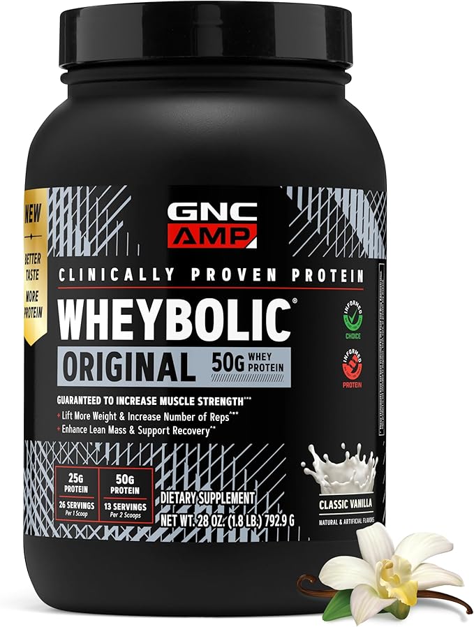 GNC AMP New Wheybolic- Clinically Studied Whey Protein Powder for Workouts &amp Active Lifestyles- High Leucine Content- Smooth Mixing Drink Mix for Fitness Shakes- Classic Vanilla - 28 Oz (13 Servin