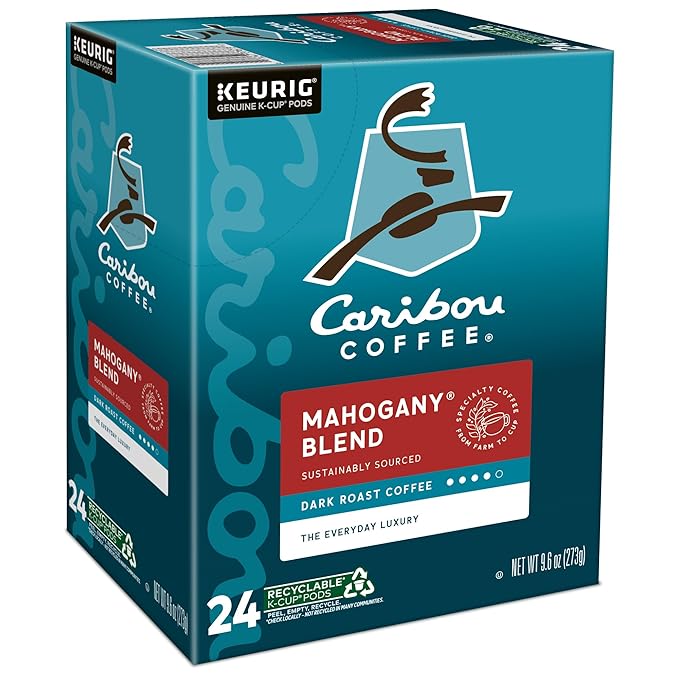Caribou Coffee Mahogany Keurig Single-Serve K-Cup Pods Dark Roast Coffee 96 Count (Pack of 4)