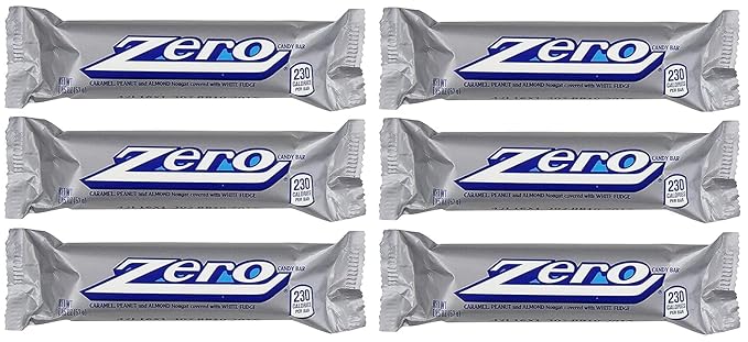 Zero Candy Bars 6 Pack 1.85 oz Each Caramel Peanut and Almond Nougat Covered with White Fudge Classic Retro Chocolate-Free Candy Bar (6 Count)