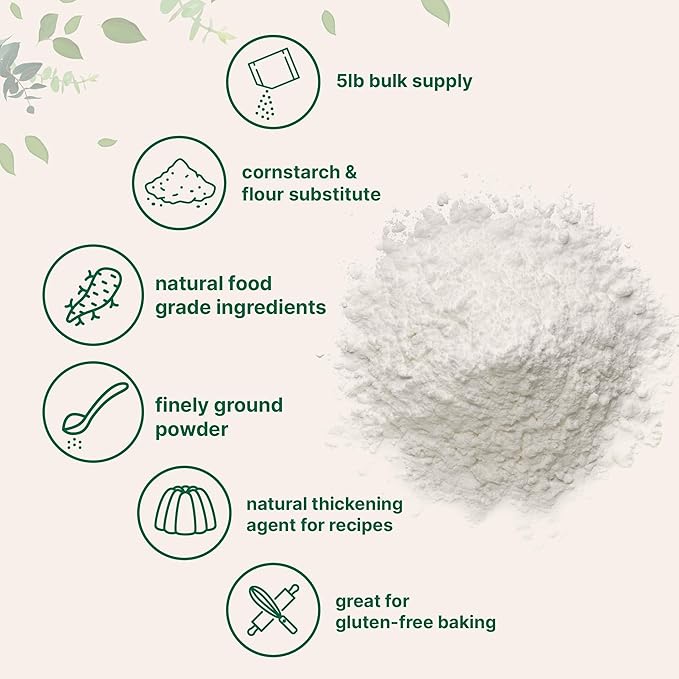 Organic Arrowroot Powder (Flour) 5lb (80oz) | Premium Source from Arrowroot Plants | Unflavored Thickening Agent for Cooking &amp Baking | Substitute for Cornstarch or Wheat | Non-GMO Gluten Free