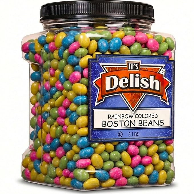 Rainbow Colored Boston Beans Candy Coated Peanuts by It's Delish 3 LBS Jumbo Reusable Container | Candy Coated Peanuts | Easter Candies &amp Party Favors for Birthday Parties Christmas | Vegan Kos