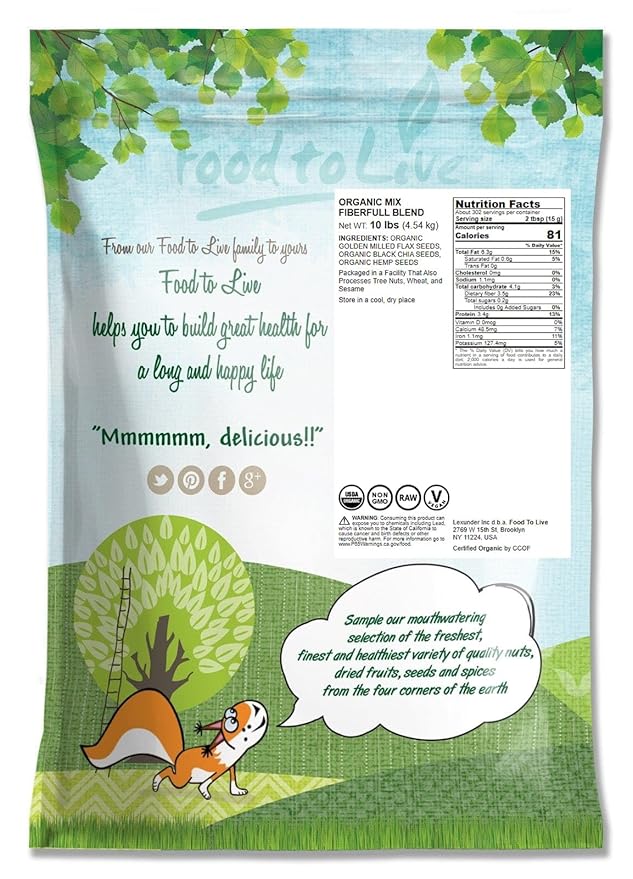 Food to Live Organic FiberFull Flax Hemp and Chia Seeds Blend 10 Pounds with Cold-Milled Flax Non-GMO Bulk. Rich in Omega 3 and Fiber. Perfect for Smoothies Salads Oatmeal