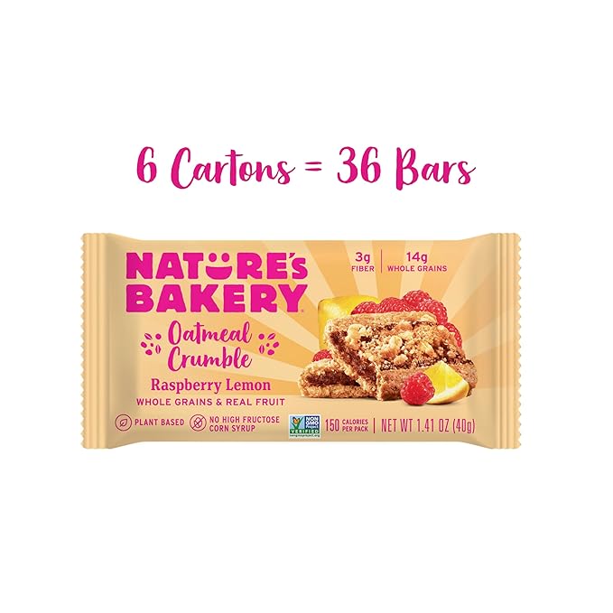 Nature's Bakery Oatmeal Crumble Bars Raspberry Lemon Real Fruit Vegan Non-GMO Breakfast Bar 6 boxes with 6 twin packs (36 twin packs)