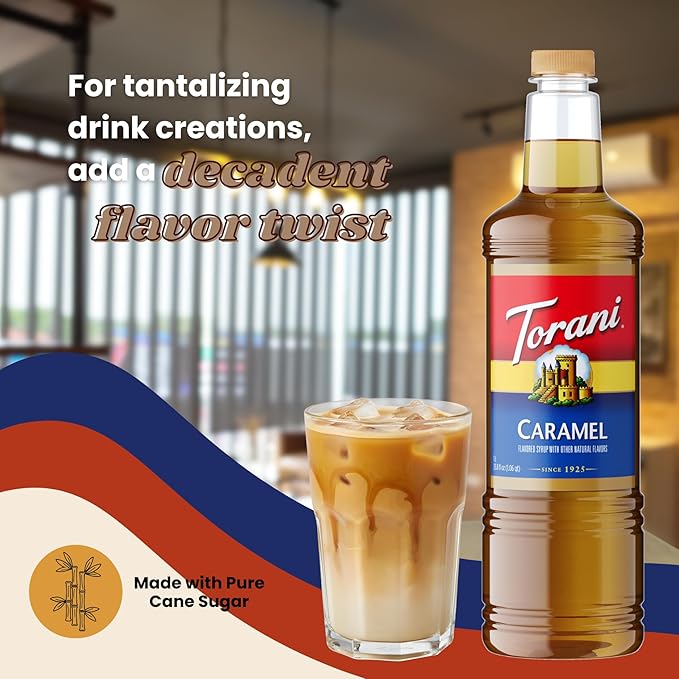 Torani Caramel Syrup 1 Liter Bottle with Pump – Premium Coffee Flavoring Made with Pure Cane Sugar &amp Natural Flavors for Lattes Frappes Desserts Cocktails &amp More – Café-Quality Sweetener