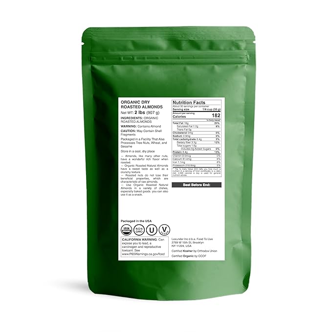 Food to Live Organic Dry Roasted Almonds 2 Pounds – Non-GMO Unsalted Vegan Keto Paleo Kosher Bulk High in Protein Dietary Fiber Vitamin E Copper Manganese Magnesium and Riboflavin.