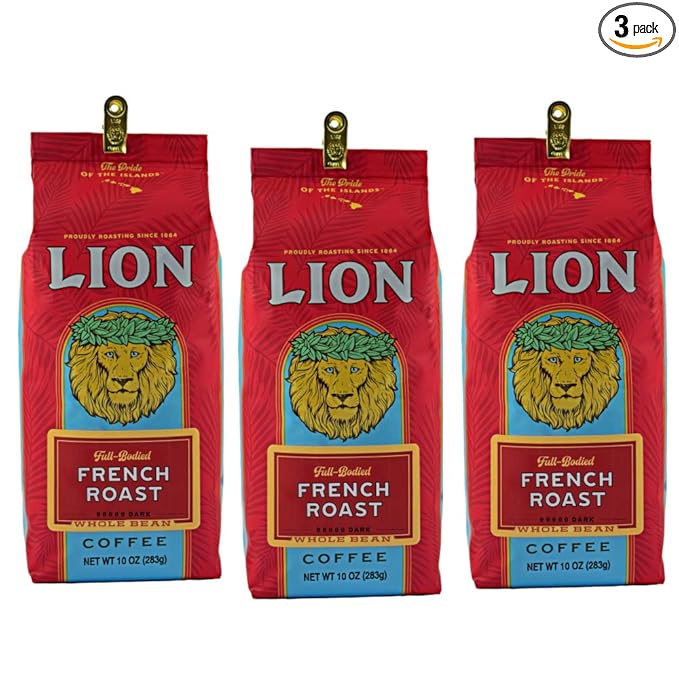 Lion Coffee French Roast - Whole Bean 10 Ounce Bag (Pack of Three)