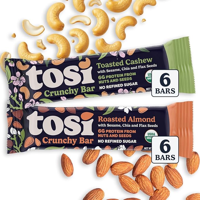Tosi Almond and Cashew Protein Bars Combo Plant Based with Nuts Gluten-Free Crunchy Snacks Vegan Organic Flax &amp Chia Seeds Soy-Free Omega 3s 5G Protein 1 oz 12-Pack