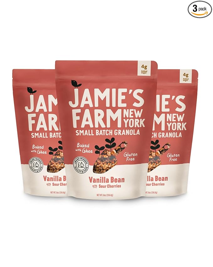 Jamie's Farm Vanilla Bean Granola with Sour Cherries (3 Pack) – Gluten-Free Organic Low Sugar – Baked with Ghee &amp Organic Oats – 8oz Bags
