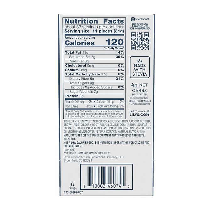 LILY'S Crispy Rice Dark Chocolate Style No Sugar Added Sweets Bars 3 oz (12 Count)