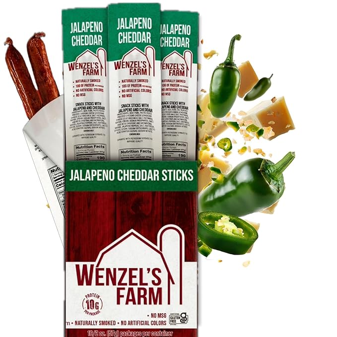 Wenzel’s Farm Jalapeno Cheddar Sticks │Snack Sticks │ Flavorful Naturally Smoked │ High Protein Low Carb │ No MSG Fillers Binders Artificial Colors │ Gluten Free | 32 sticks (16 packs of 2)