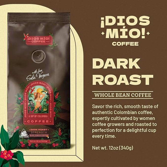 Dios Mio Coffee by Sofia Vergara Dark Roast Whole Bean Premium Colombian Coffee 12 Ounce Bag (Pack of 3)