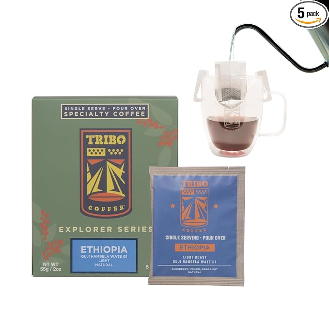 Tribo Coffee Single-Serve Portable Pour Over Drip Coffee - Ethiopia Guji Natural - 5 Servings (Light Roast)