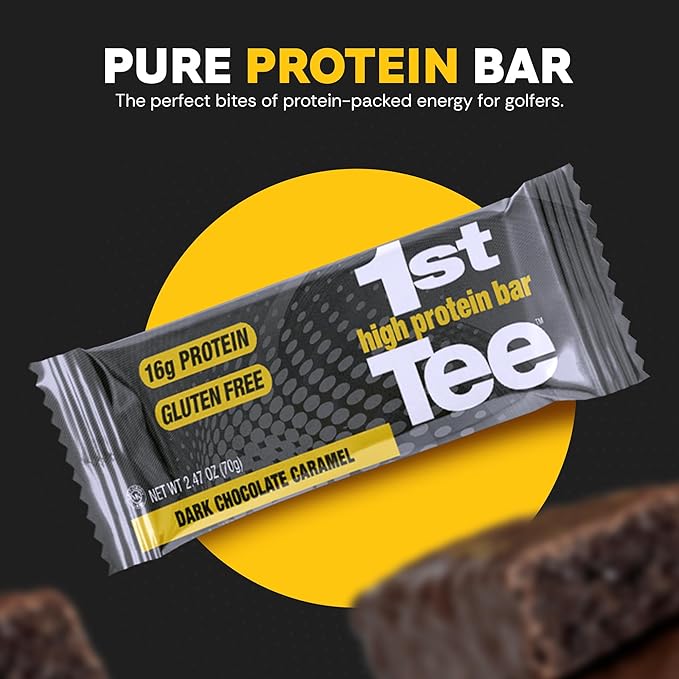 1st Tee High Protein Bar 12 Pack Golf Protein Energy Bars | High Protein and Delicious Dark Chocolate Caramel Flavor | Gluten Free Snack Bar| Including 16 grams of Protein and 3 grams of Sugar