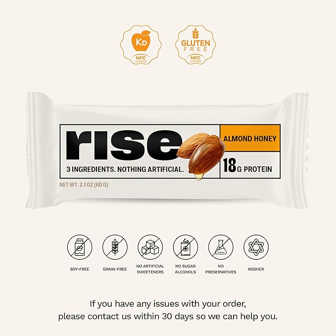 Rise Breakfast Whey Protein Bars Almond Honey 18g Protein 2.01 oz (12 Pack)
