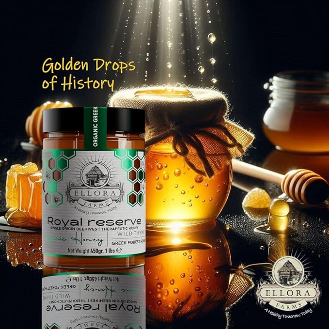 Ellora Farms Organic Greek Honey Bundle – Wild Thyme &amp Pine-Thyme Raw Unfiltered Award-Winning Preservative-Free Gift Pack with Dipper Pure Cold-Pressed – 2 x 450g