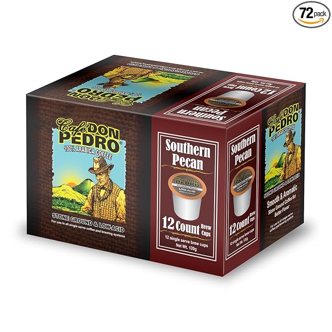 Cafe Don Pedro Southern Pecan Low Acid Coffee Pods - Compatible with Keurig K-cup Coffee Maker 100% Arabica Battles Heartburn Acidic Reflux 72 count