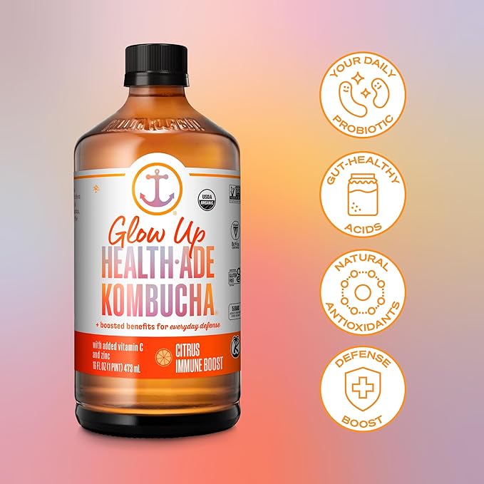 Health-Ade Kombucha Tea Organic Drink Fermented Tea with Living Probiotics Detoxifying Acids Supports Gut Health Non-GMO Vegan Gluten Free 12 Pack (16 Fl Oz Bottles) Citrus Immune Boost