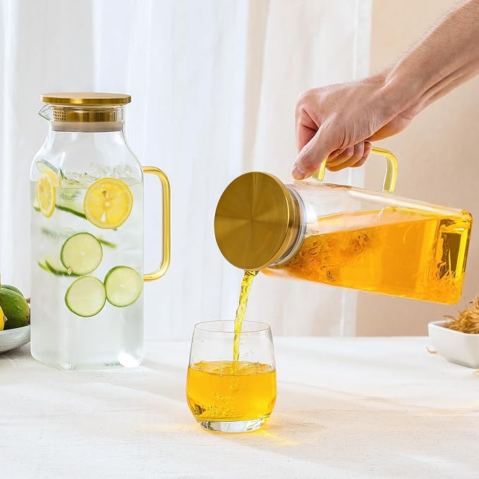 2 Pack 2 Liters/68 oz Square Glass Pitcher with Lid and Handle for Fridge Iced Tea and Coffee Carafe Beverage Serveware Heat Resistant Borosilicate Water Gold Jug for Hot/Cold Drinks and Milk
