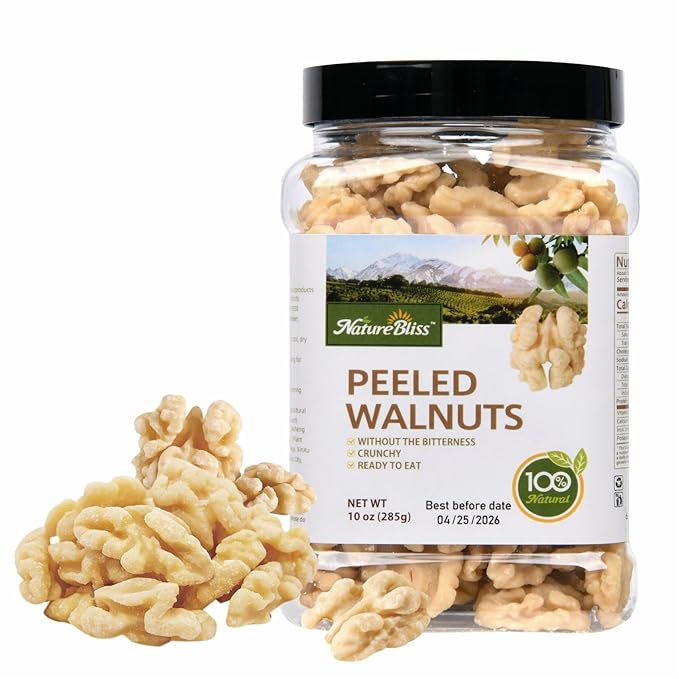 Naturebliss Premium Peeled Walnuts Halves Skinless Raw Walnuts Texture Sweet Crisp No Salt Added Healthy Nuts Power Snacks Ideal for Salads Baking and Cooking (10 OZ/Pack of 1)