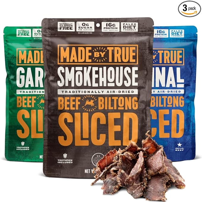 Made by True Beef Sliced Bites Savory Variety (2 oz Pack of 3) - All Natural Zero-Sugar True Jerky Biltong - High Protein Keto Paleo &amp Whole30 Diet - Sugar-Free Gluten-Free Carb-Free