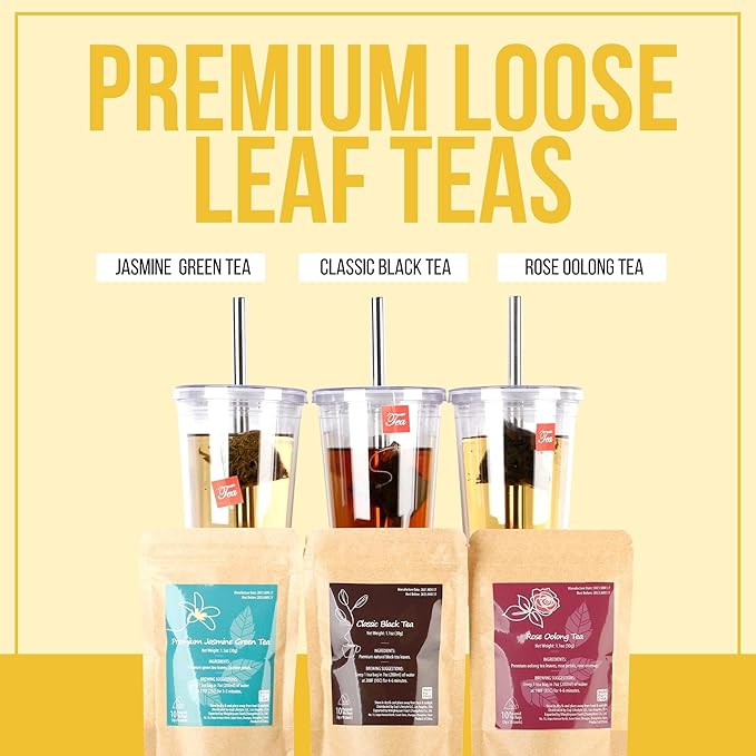 YUMBUCHA Instant Boba Making Kit - A Complete Set for Boba Tea Lovers - 30 Drinks Reusable Cup &amp Straw Tapioca Pearls and Loose Leaf Teabags - Rose Oolong Jasmine Green Classic Black