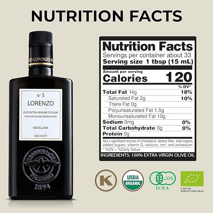 Barbera Lorenzo No. 5 Extra Virgin Olive Oil 16.9 oz | Cold Extracted Sicilian EVOO | Fruity &amp Soft Nocellara del Belice Olive Flavor | Fresh Harvest Imported Olive Oil from Italy