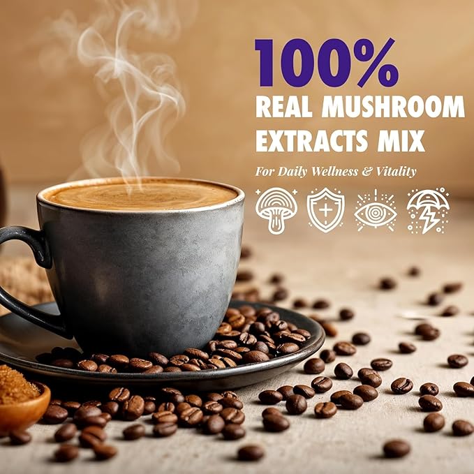 Sollo Infused Super 6 Mushroom Blend Coffee Pods – 100% Arabica Medium Roast with 6 Functional Mushrooms &amp B-Vitamins – Lion’s Mane Chaga Reishi Cordyceps Turkey Tail Oyster – 24 K-Cups