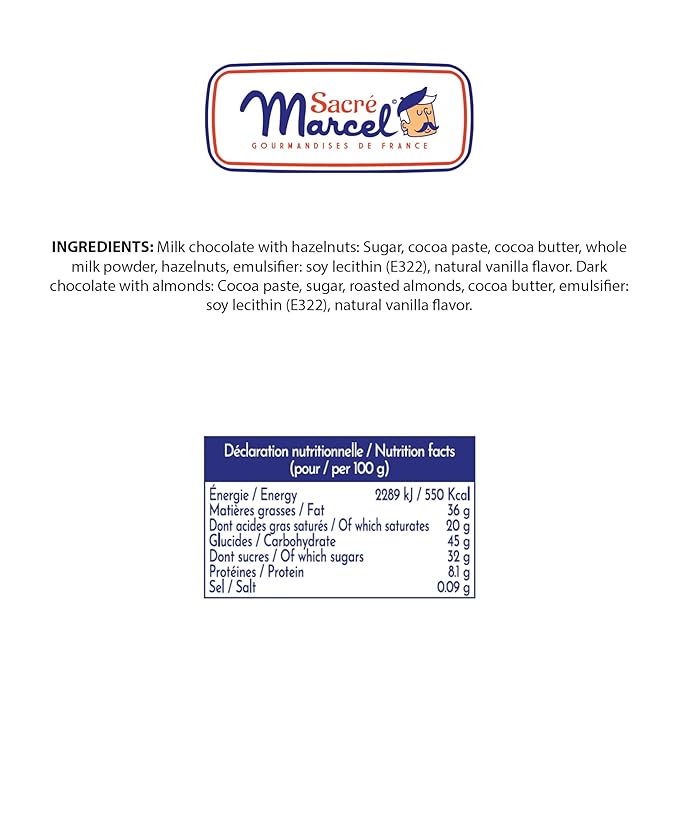 Sacré Marcel – Map of France Gift Box with 12 Mini Chocolate Bars Assorted French Chocolates Individually Wrapped Dark Chocolate Almond Milk Chocolate Hazelnut 3.5oz