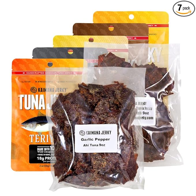 Kaimana Ahi Tuna Fish Jerky - Premium Protein &amp Rich In Omega-3's - All Natural &amp Wild Caught Tuna Jerky. Made in Hawaii USA. (7 Pack Ultimate Bundle)