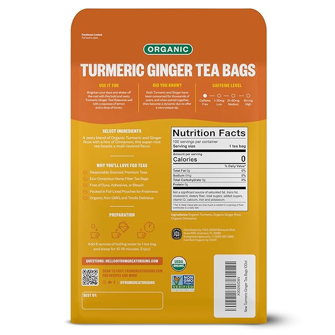 FGO Organic Turmeric Ginger Tea Eco-Conscious Tea Bags 100 Count Packaging May Vary (Pack of 1)