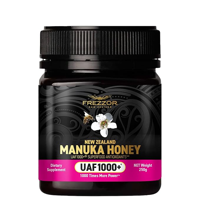 FREZZOR Premium 100% Raw New Zealand Manuka Honey with UAF1000+ Super Antioxidant 30% More Bioactive Best Support for Everyday Wellness Antioxidant Superfood 1 Jar (8.8oz/250g)