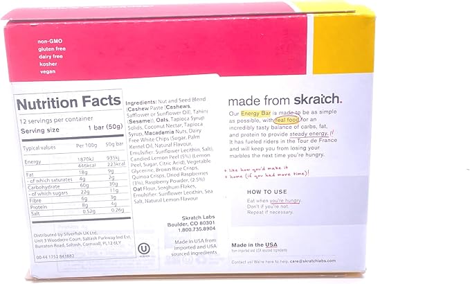 SKRATCH LABS Energy Bar | Raspberry + Lemon (12 pack) | Plant Based Healthy Snack | Low Sugar - 4g Protein | non-gmo gluten free soy free vegan kosher