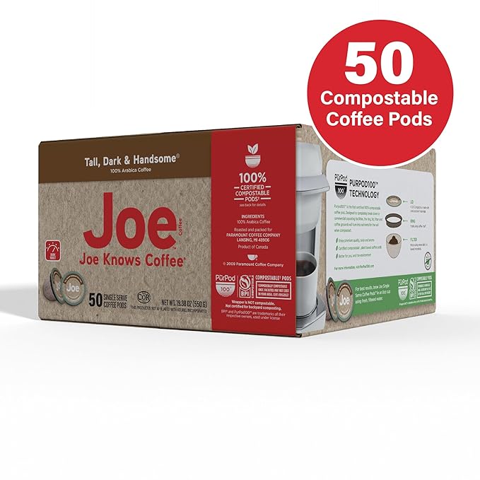 Joe Knows Coffee Tall Dark &amp Handsome – 50 Count Compostable Dark Roast Coffee Pods | Bold &amp Rich Flavor | Compatible With K-Cup Brewers | Eco-Friendly | Kosher | Gluten-Free