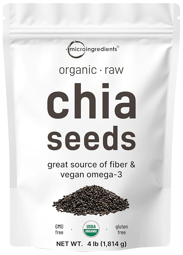 Organic Chia Seeds 4lbs | Raw Chia Seed Source | Rich in Essential Fiber Vegan Omega-3 &amp Plant Based Protein | Great for Baking Smoothies Pudding &amp Oatmeal | Non-GMO Gluten Free