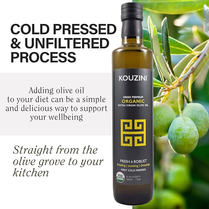 Kouzini Organic Greek Extra Virgin Olive Oil First Cold Pressed Single Origin Family Owned Organic Extra Virgin Olive Oil Cold Pressed EVOO for Cooking Salad Dressings &amp more 500ml