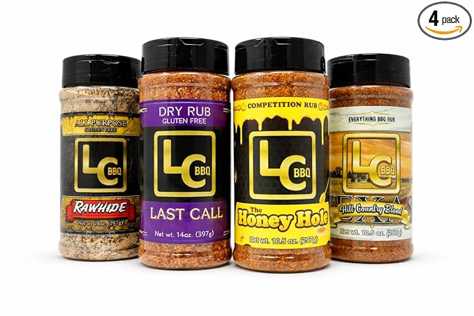 LC BBQ Essential Seasonings Bundle (4 Pack) – Rawhide All Purpose Last Call Beef &amp Chicken Honey Hole Sweet Honey Rub Texas Hill Country Blend – BBQ Rub Set for Grilling Smoking Brisket Ribs